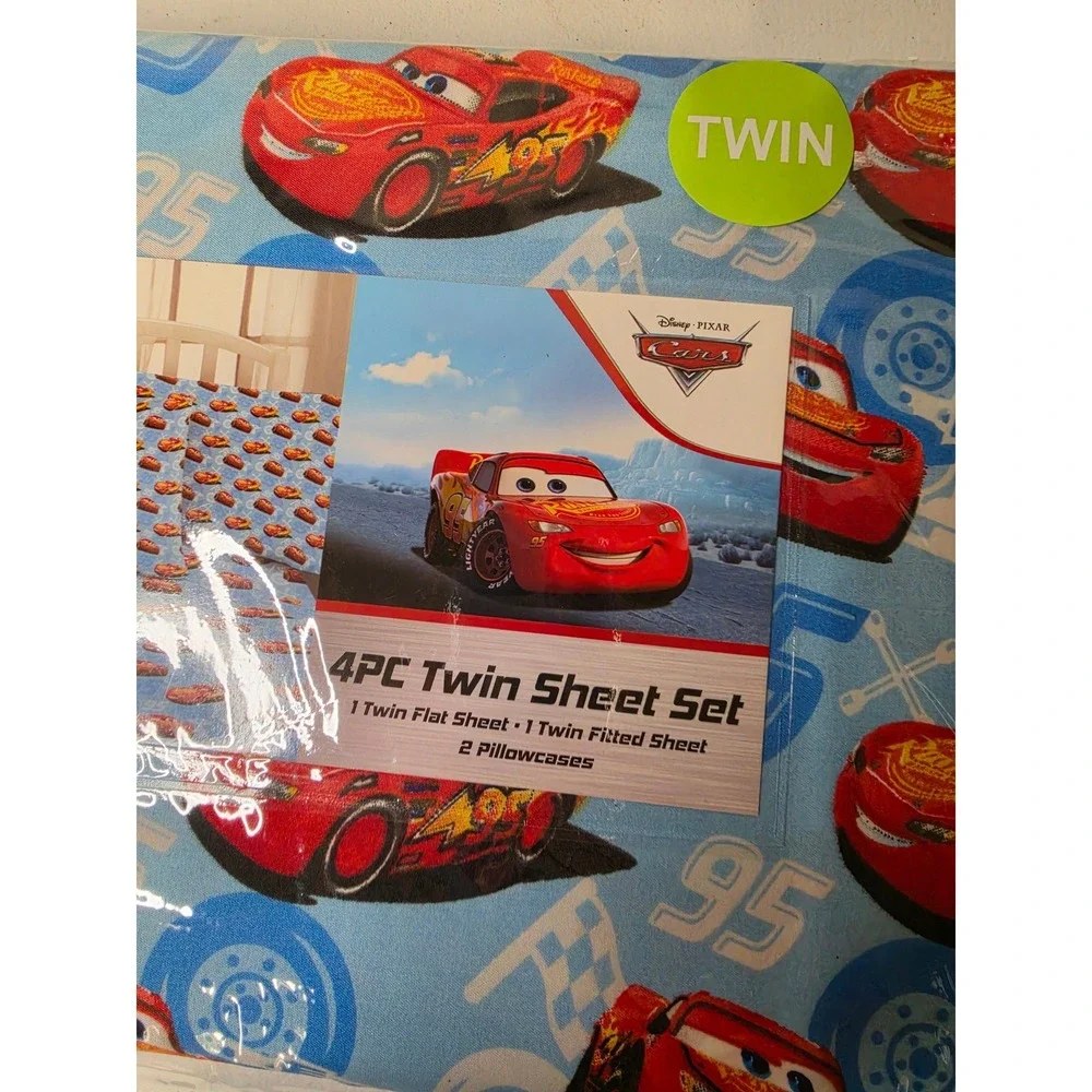 Disney Pixar Cars Lightning McQueen 4PC Twin Sheet Set Blue Red Racing Bedding